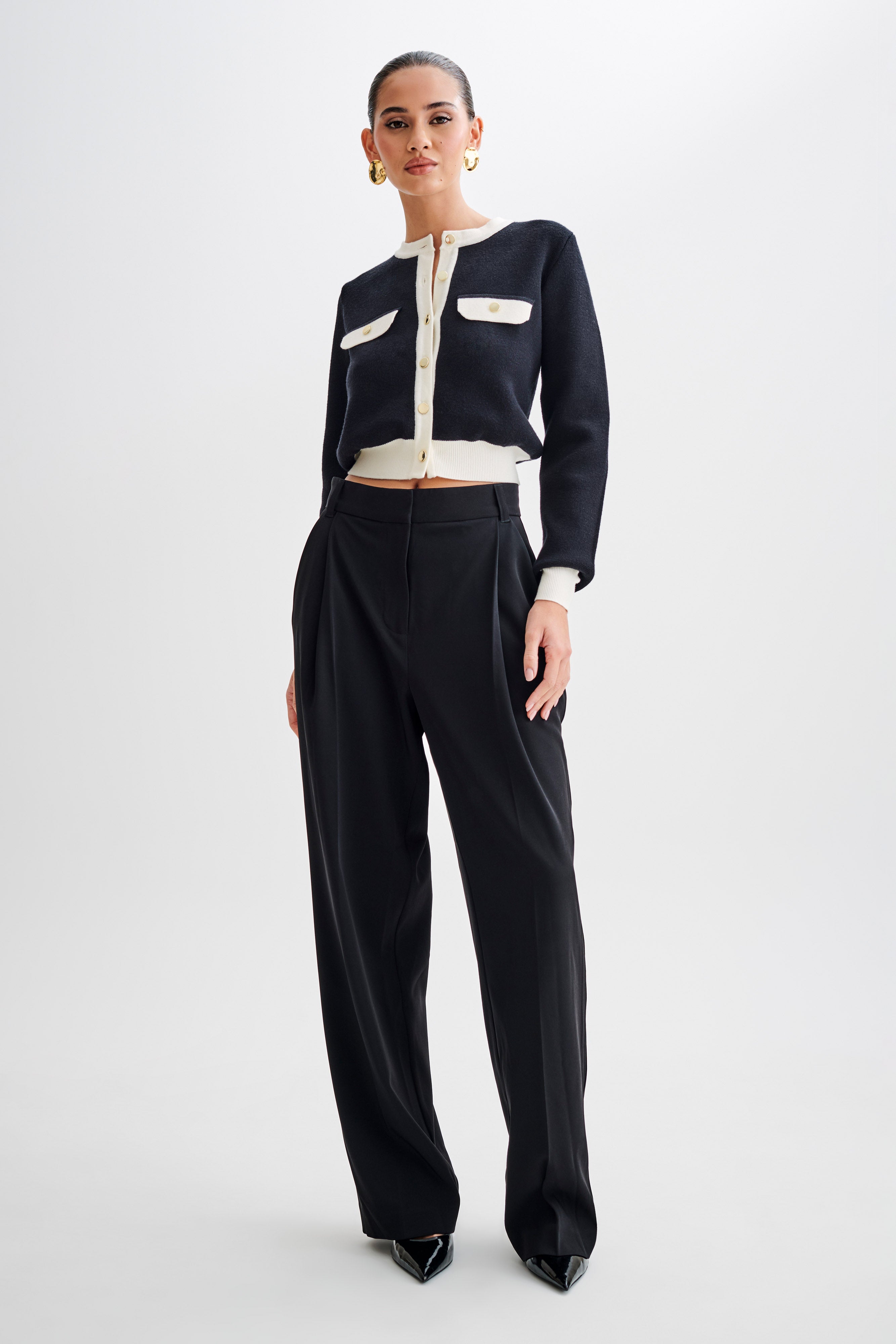 Tabitha Contrast Knit Cardigan - Black、mySite、solidvoid