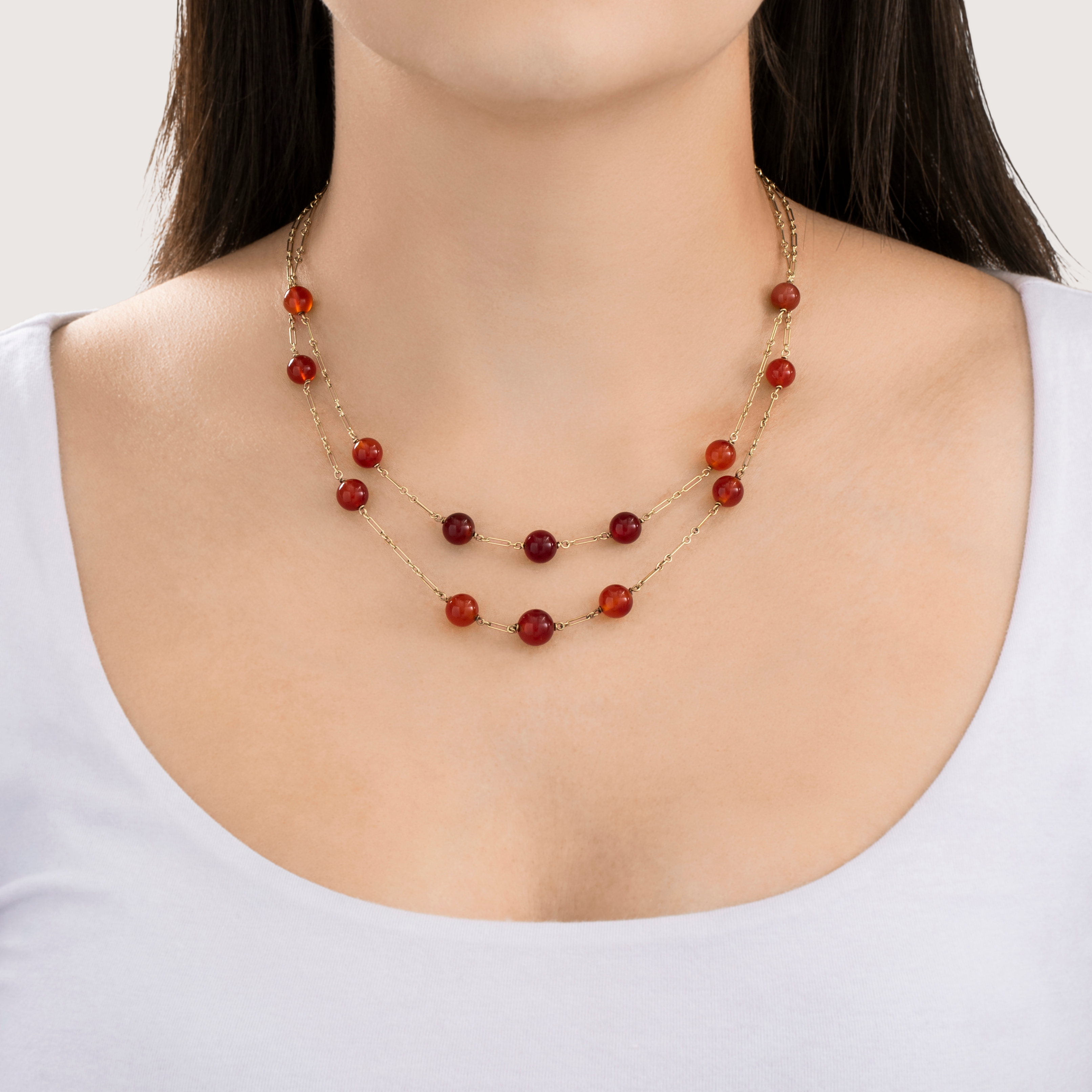 Antique Art Deco 14k Yellow Gold Carnelian Bead Double Stranded Necklace 16、mySite、hinf8tx79