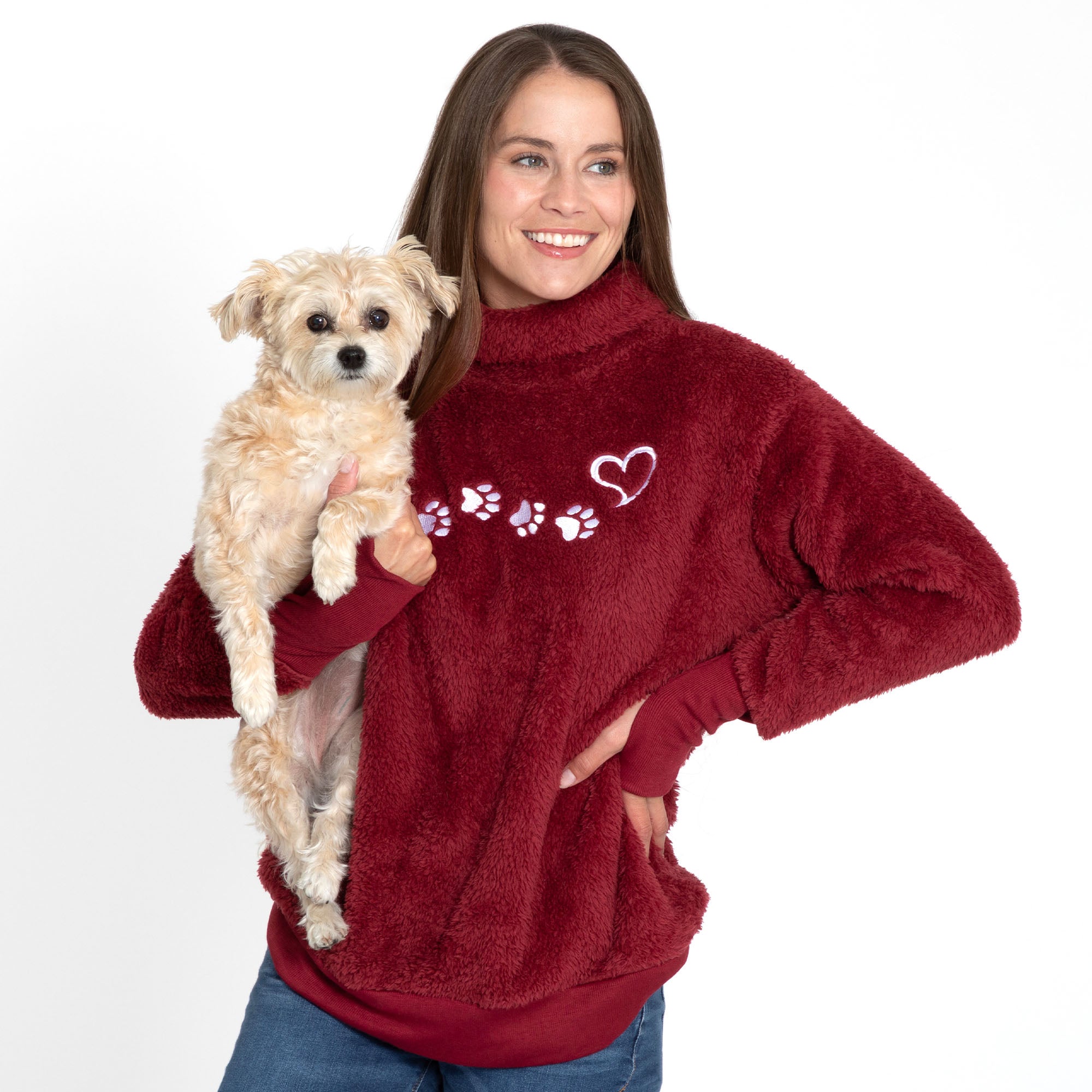 Paw Print Mock Neck Plush Sherpa Fleece Pullover with Thumb Holes、mySite、camillekostekn