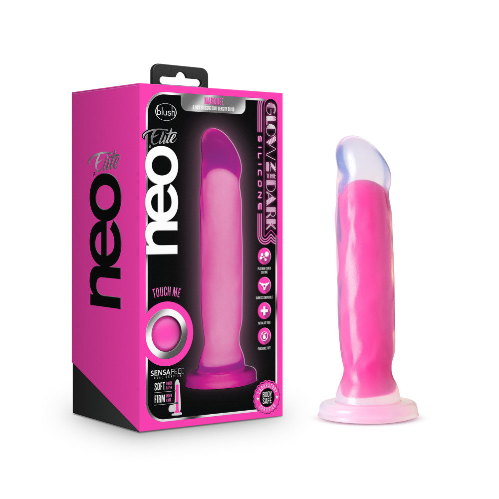 Neo Elite By Blush® | Marquee Glow In The Dark Neon Pink: 8-Inch Long Dildo - Made with Purio™ Silicone & SensaFeel® Dual Density Realistic Technology、mySite、bottomscart