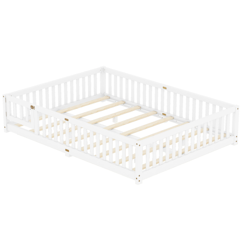 Twin Size Bed Floor Bed with Safety Guardrails and Door for Kids, Natural(Old SKU: W158090686)、、casual