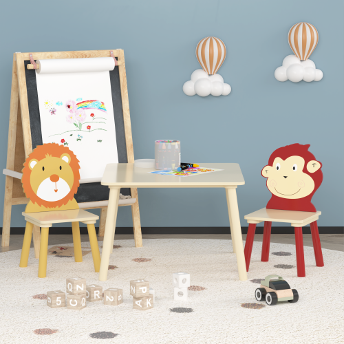 Kids Table and 2 Chairs Set, 3 Pieces Toddler Table and Chair Set, Wooden Activity Play Table Set (Lion&Monkey)、、casual