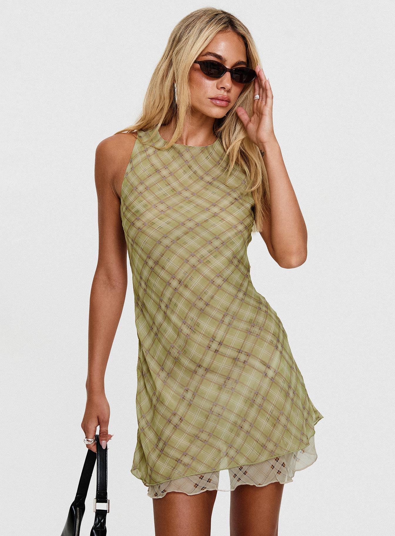 Buffie Shoulder Mini Dress Green Check、mySite、solidvoid