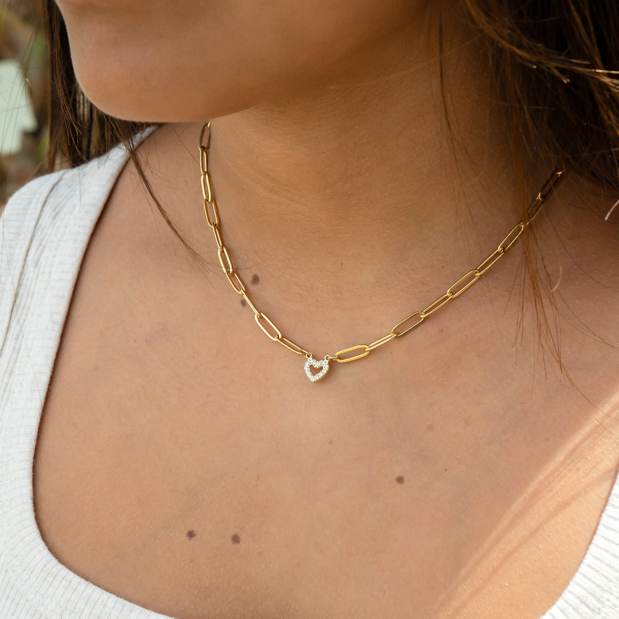 18K Gold PVD Stainless Steel Stone Heart Paperclip Chain Necklace / CHN9976、mySite、dreamappss