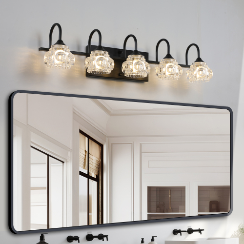 23" Retro 4-Light Bathroom Vanity Light Fixture - Black Finish with Crystal Glass Shades, Wall Mounted Lighting for Bathroom, Powder Room, and Vanity Mirror (No Bulbs)、、eastwooduniform