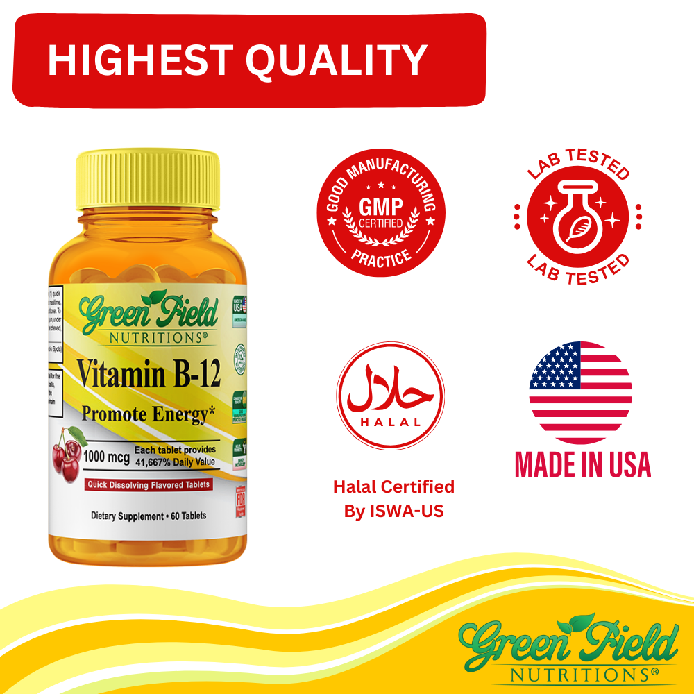 Greenfield Nutritions - Halal Vitamin B12 1000 mcg Vitamin, 60 Sublingual Tablets, Fast Absorption、mySite、topwebapps