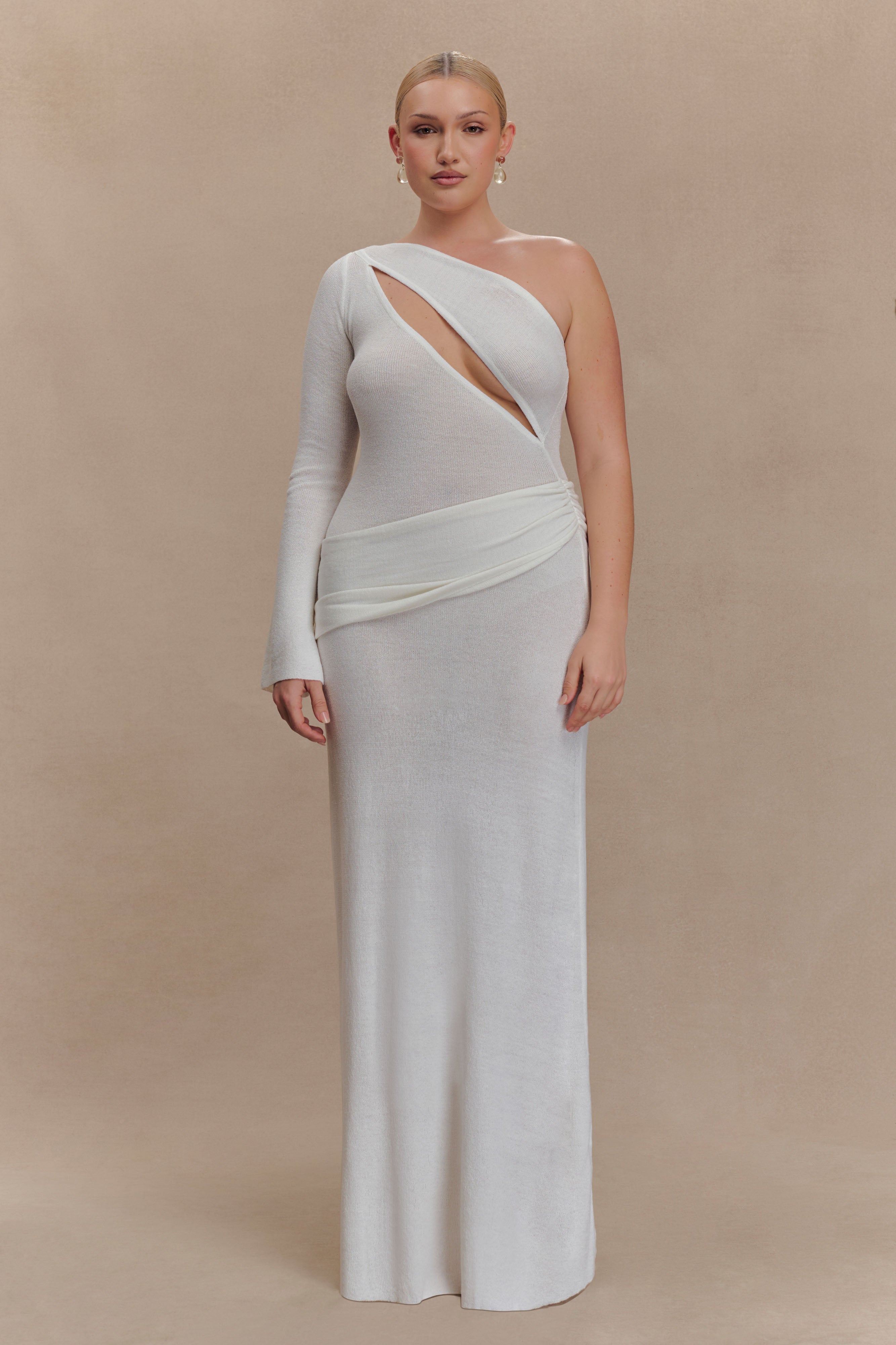 Alexius One Shoulder Knit Maxi Dress - Ivory、mySite、solidvoid