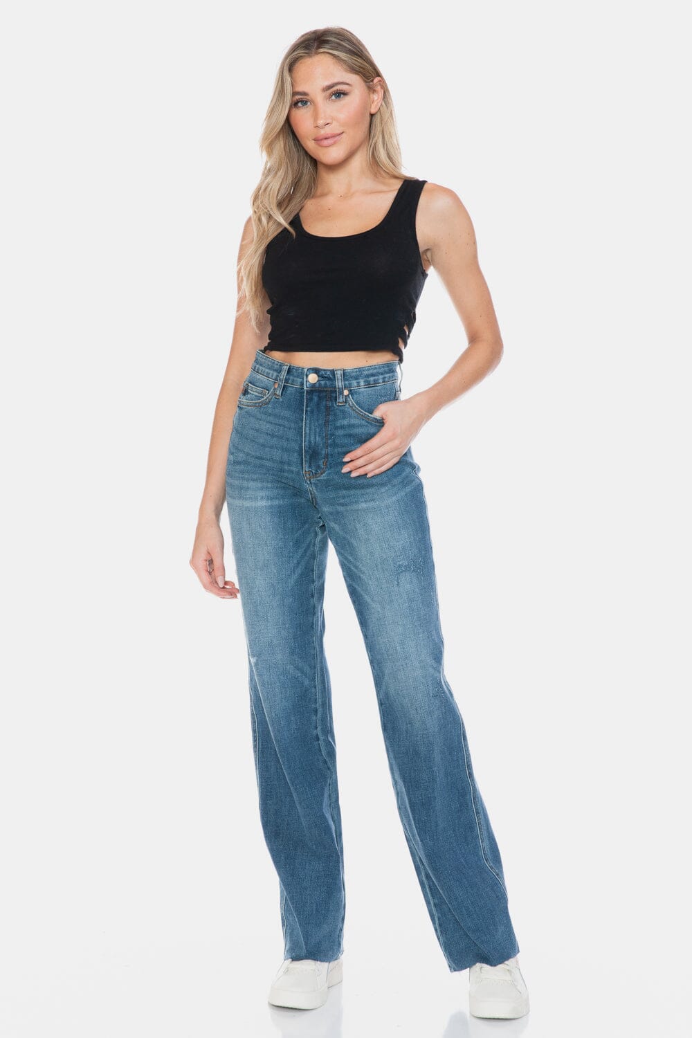 Judy Blue Full Size Tummy Control Cut Raw Hem Straight Jeans、mySite、camillekostekn