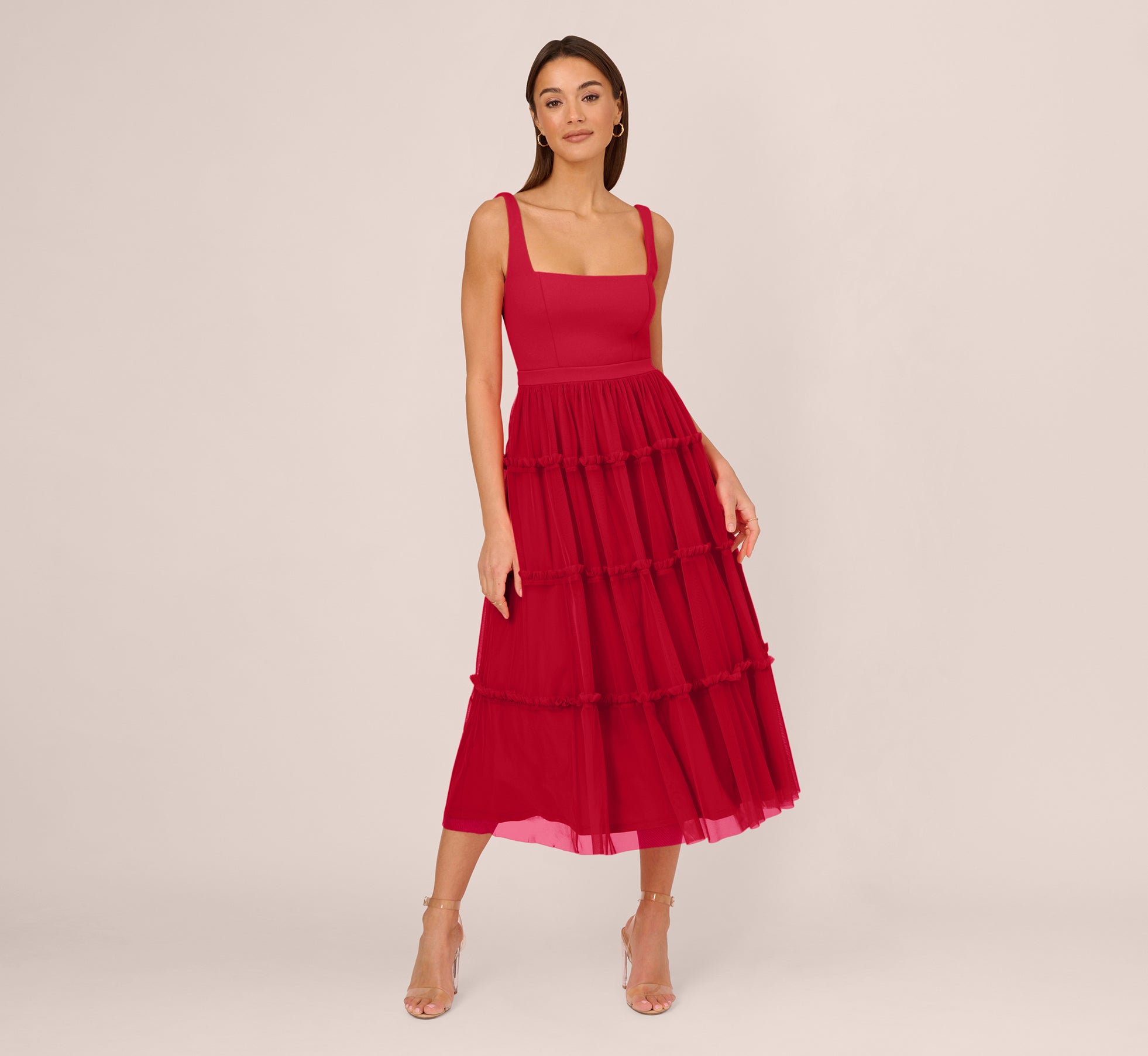 Sleeveless Midi Dress With Square Neck And Tiered Skirt In Matador Red、mySite、solidvoid