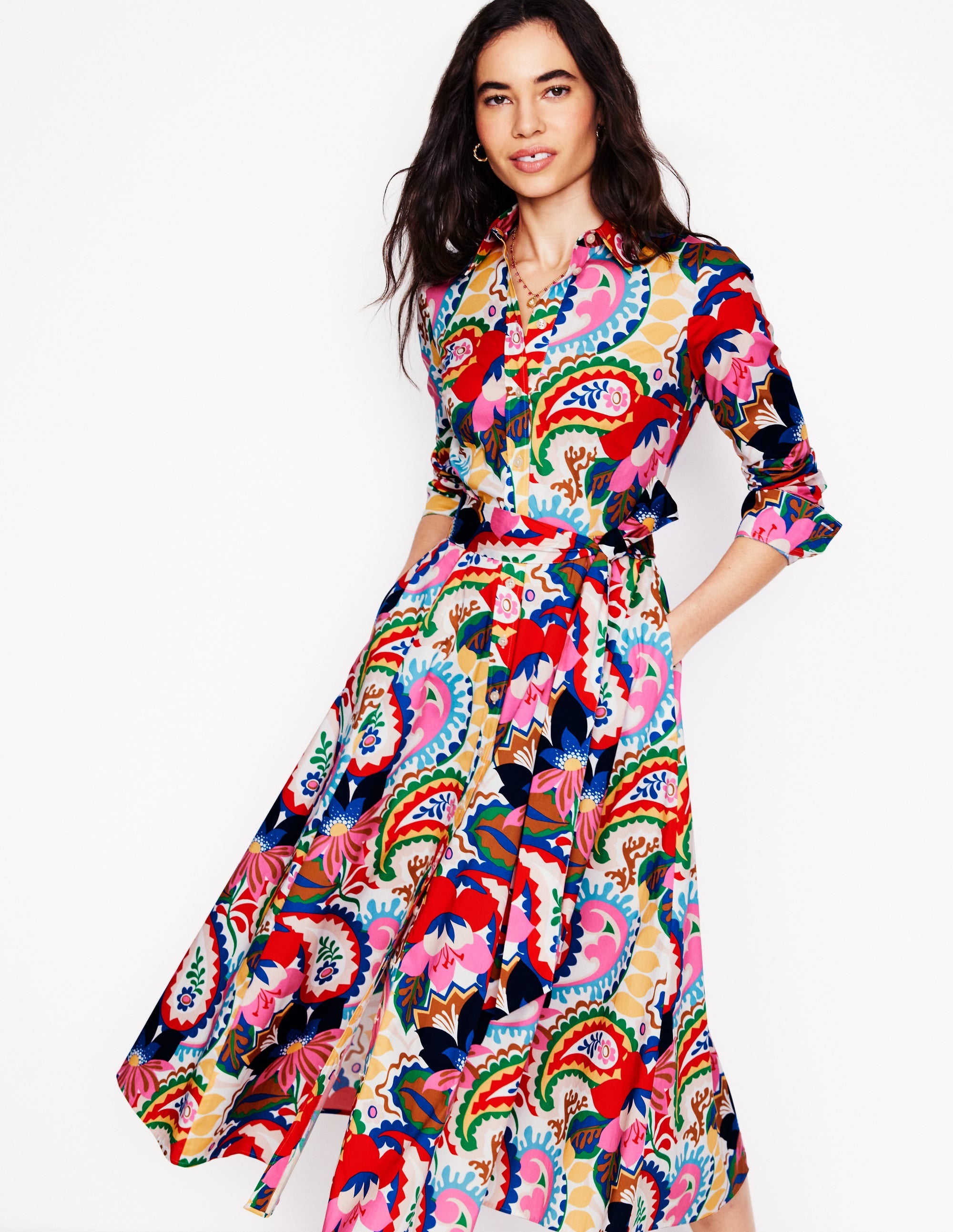  Amy Cotton Midi Shirt Dress-Ivory, Botanical Paisley、mySite、ashleygrahame