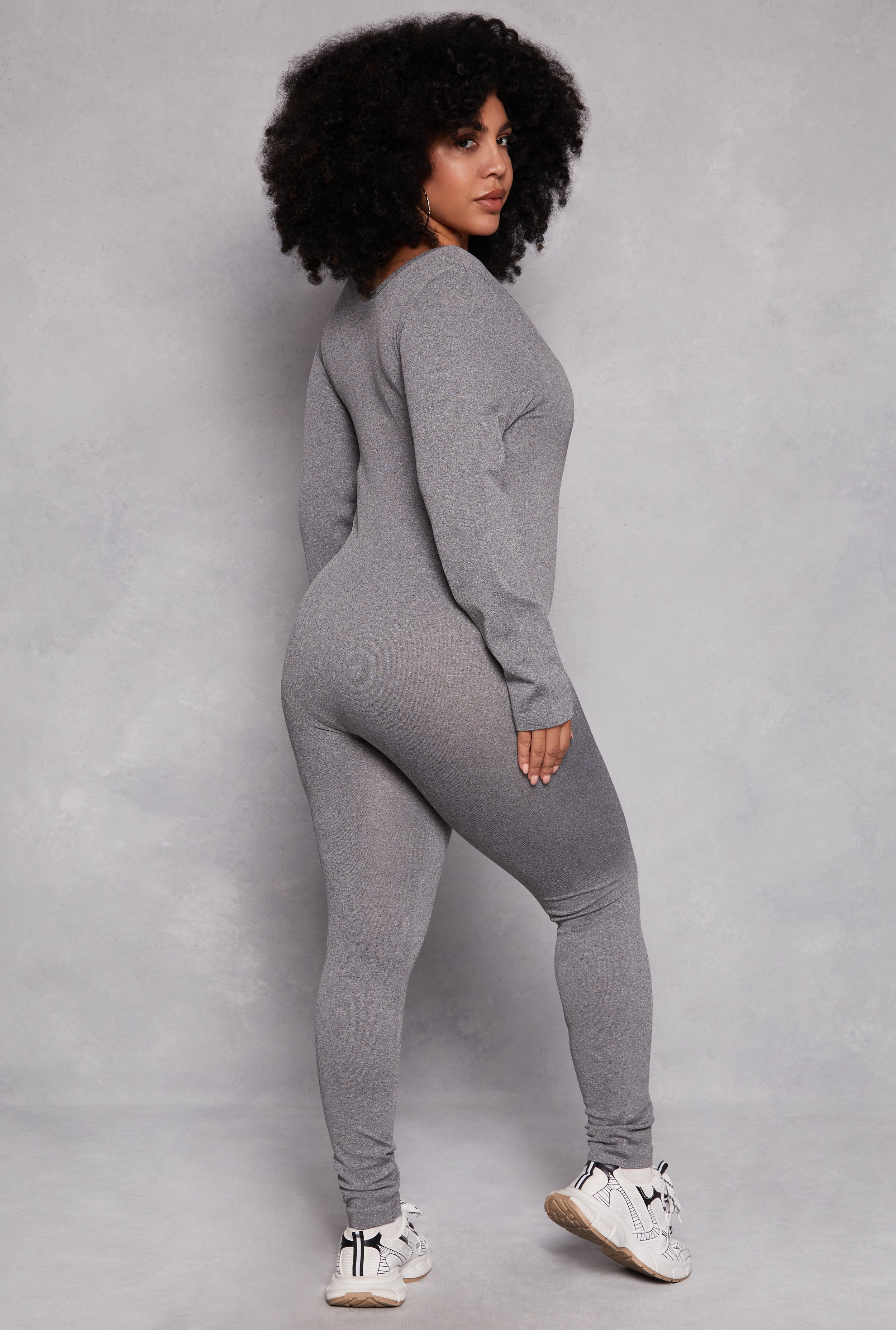 Plus Size Ribbed Knit Long Sleeve Catsuit、mySite、camillekostekn