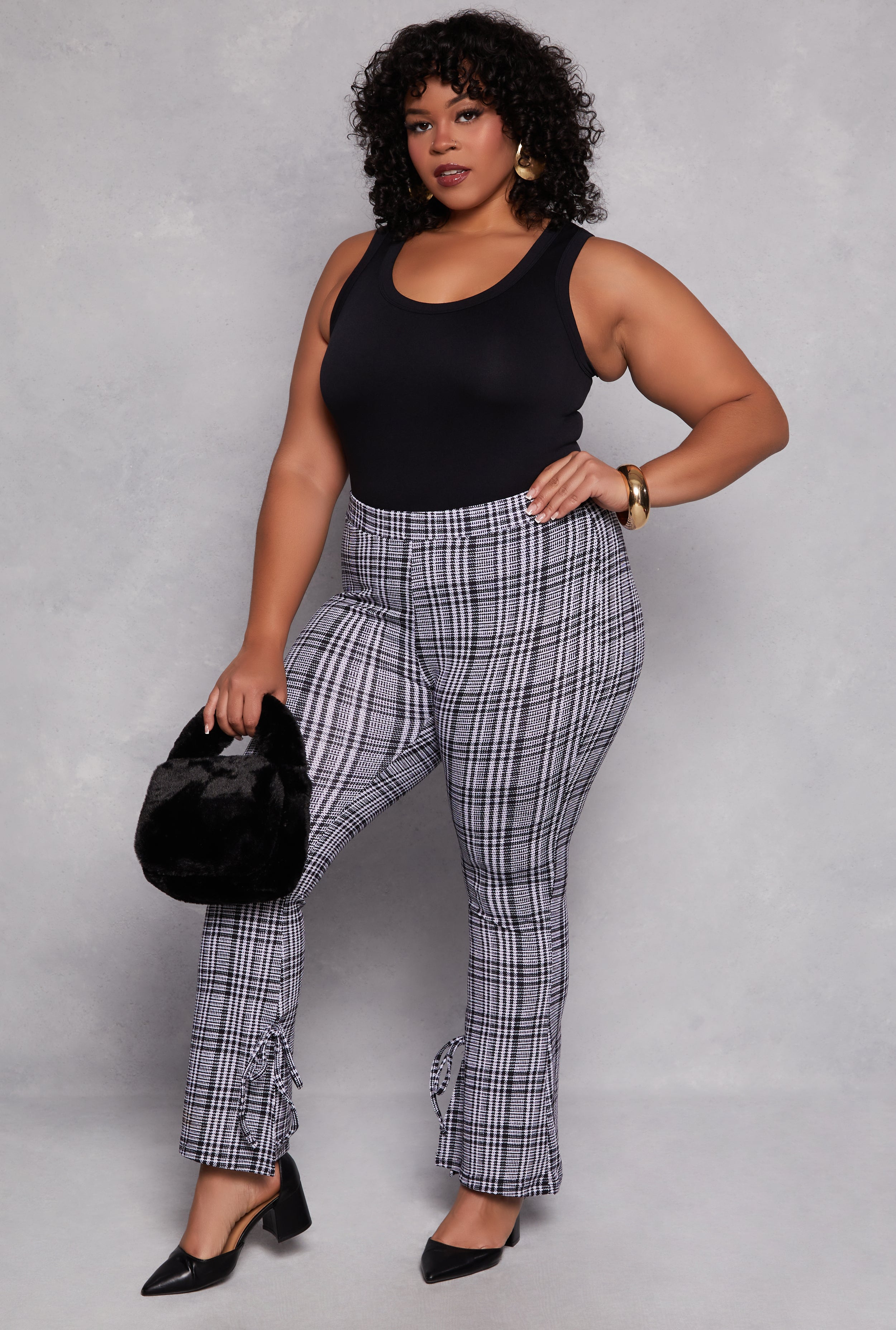 Plus Size Plaid Side Slit Flare Pants、mySite、camillekostekn