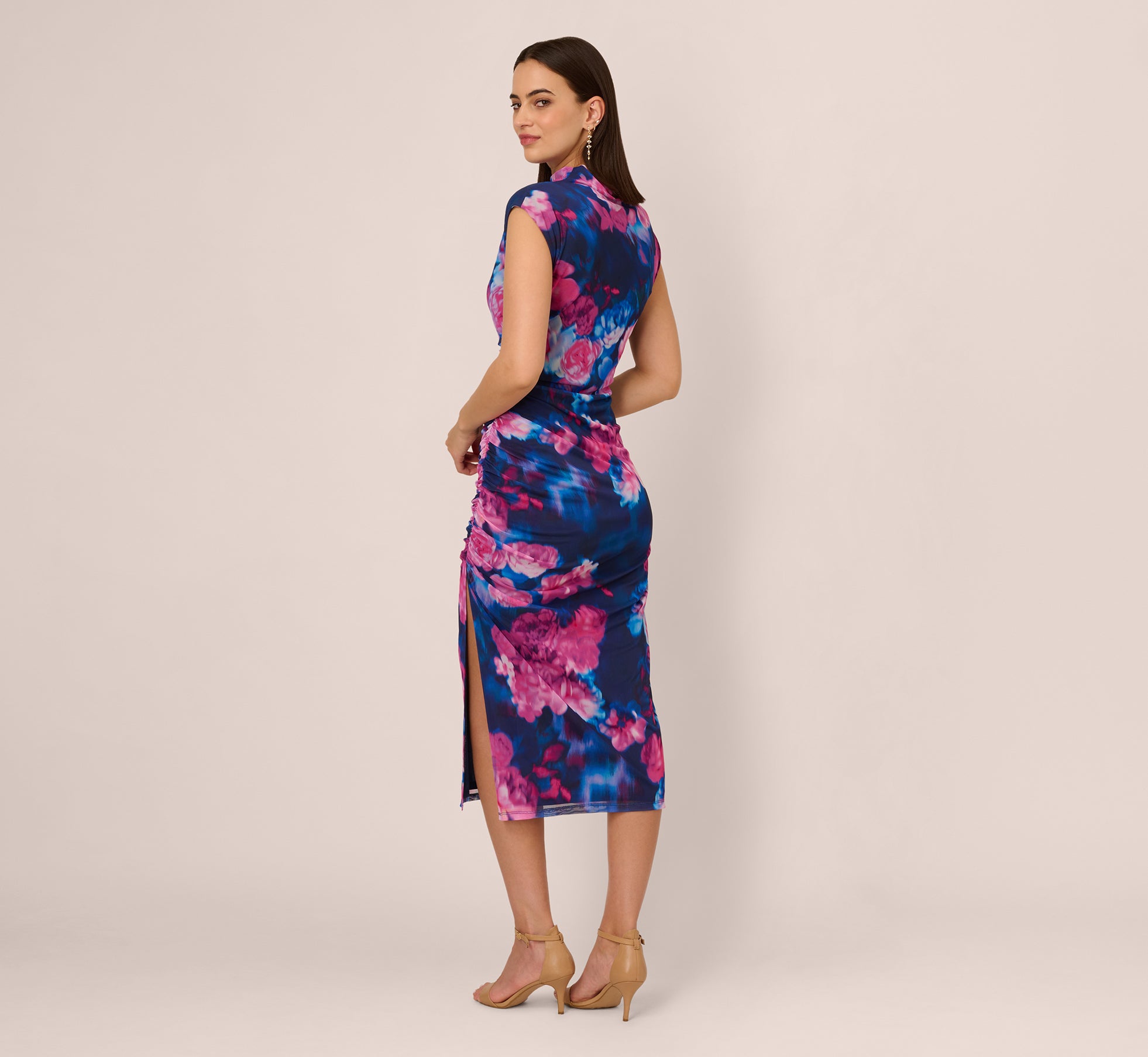 Sleeveless Floral Mesh Draped Midi Dress In Navy Pink Multi、mySite、solidvoid
