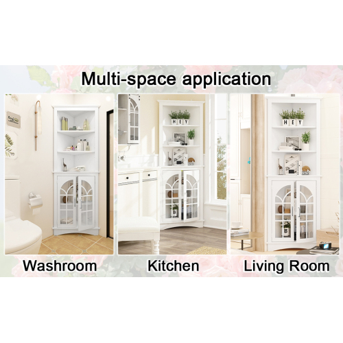 Corner Storage Cabinet, 63.3" Tall Freestanding Bookcase with Doors & Adjustable Shelves, 5-Tier Corner Display Cabinet for Living Room, Office, Dining Room, White、、casual