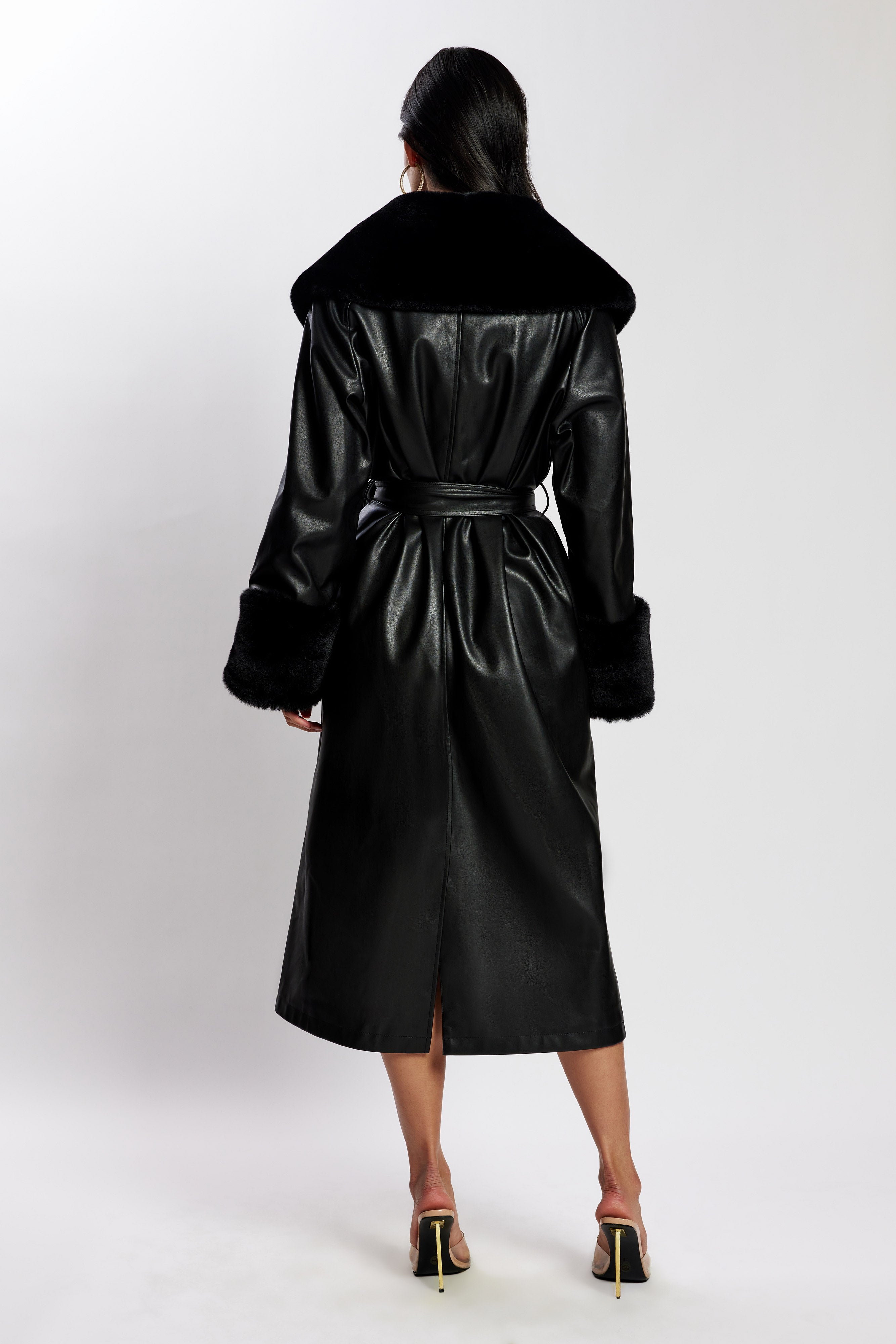 Rebekah Oversized Pu Trench Coat With Fur Trim - Black、mySite、solidvoid