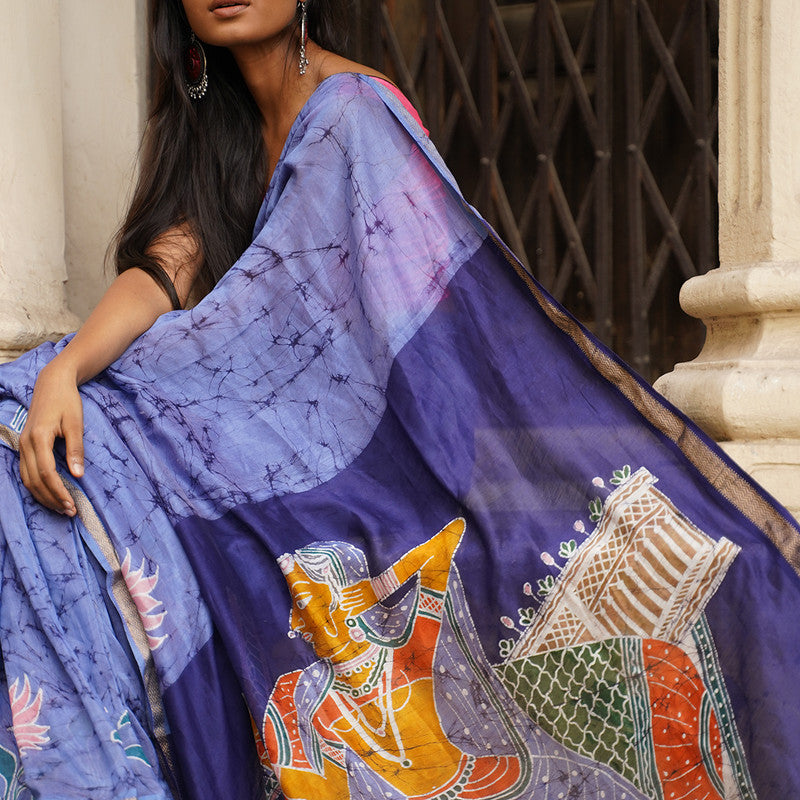 Maheshwari Cotton Silk Saree | Batik Print | Blue、mySite、camillekostekn