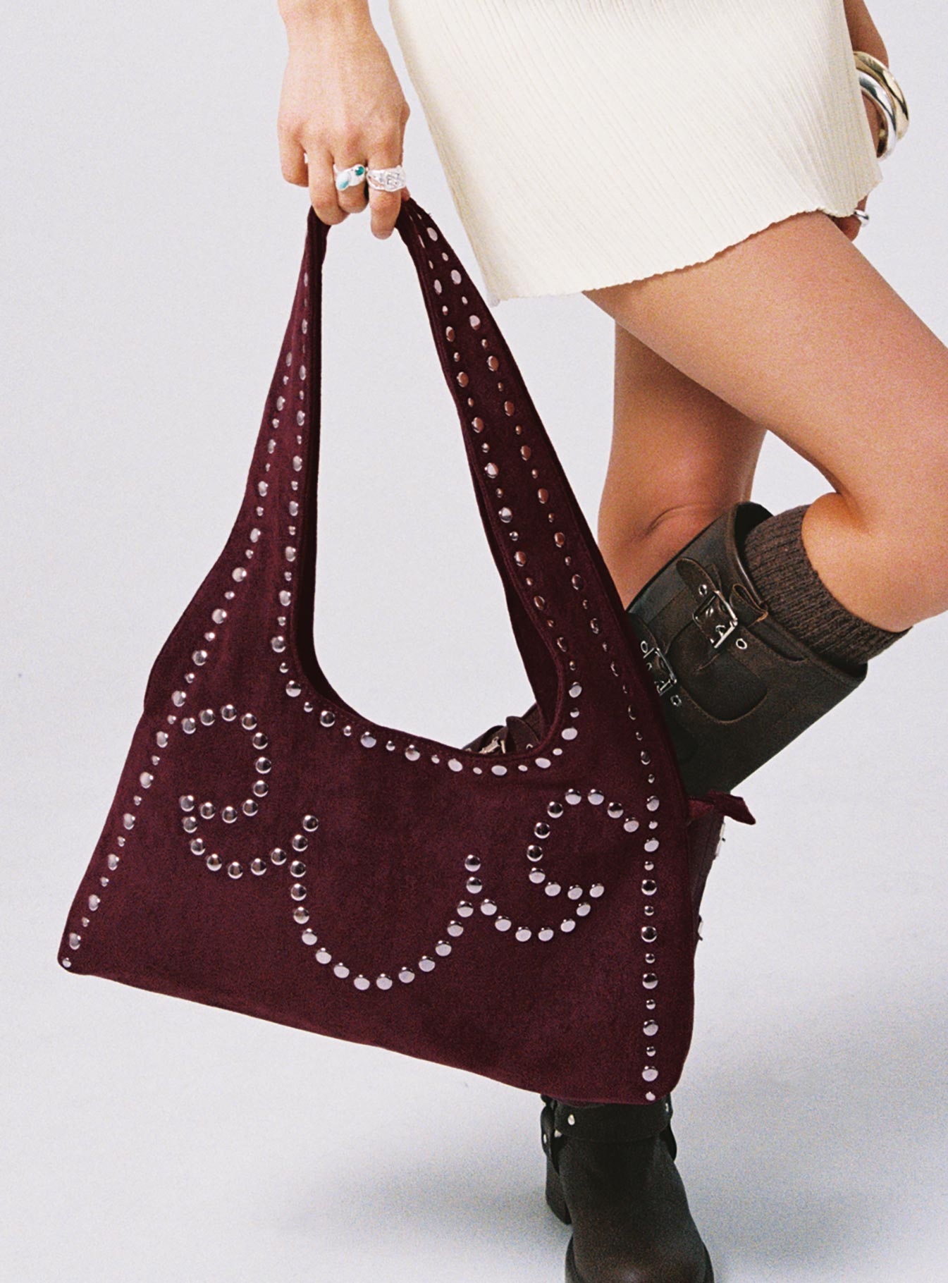Lemoni Faux Suede Stud Bag Burgundy、mySite、solidvoid