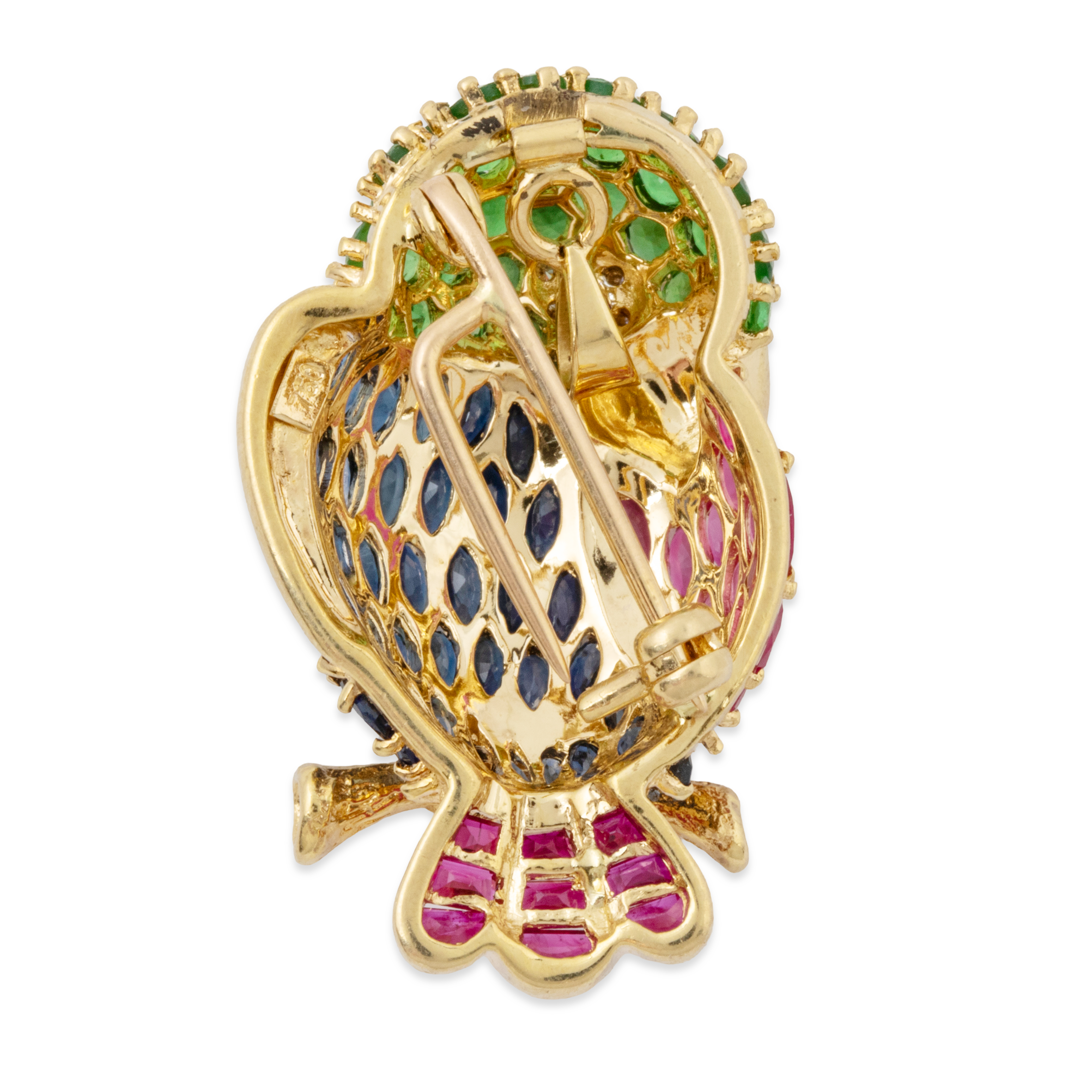 Vintage Figural 18k Yellow Gold 1.4cttw Sapphire Perched Parrot Pendant / Pin、mySite、hinf8tx79