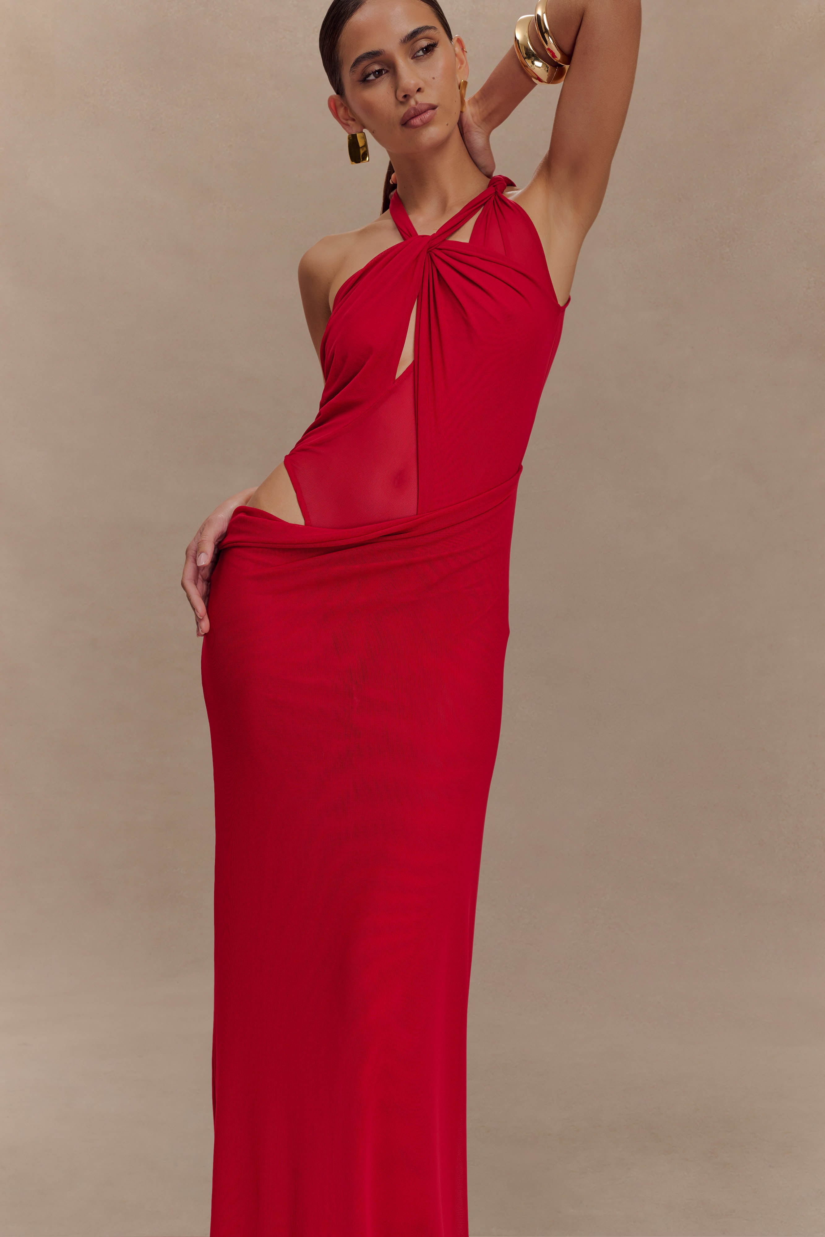 Edwina Knotted Mesh Maxi Dress - Red、mySite、solidvoid