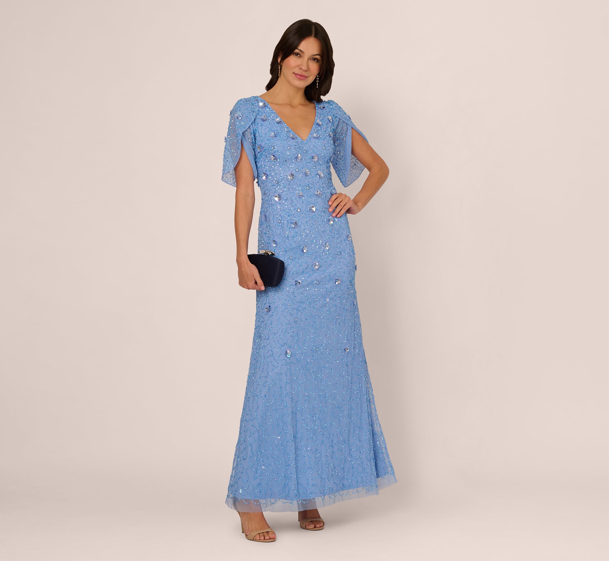 Tulip Sleeve 3D Floral Beaded Mermaid Dress In Bluebell、mySite、solidvoid