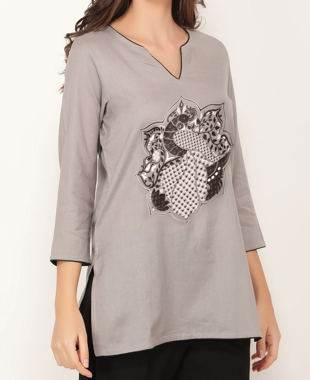 Peacock Lotus Mandala Grey and Black Cotton Tunic Top、mySite、topwebapps