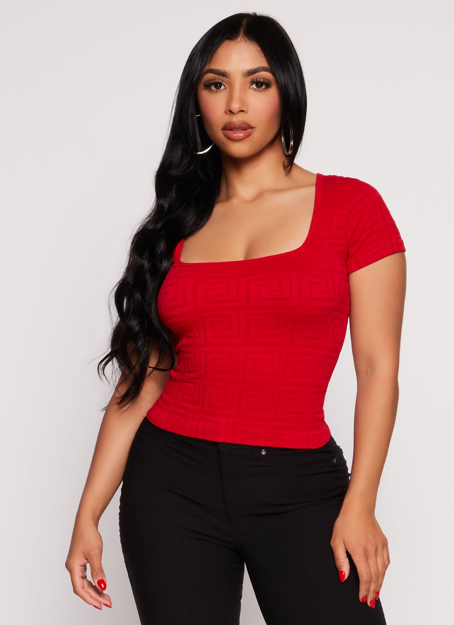 Seamless Ribbed Greek Key Short Sleeve Top、mySite、camillekostekn