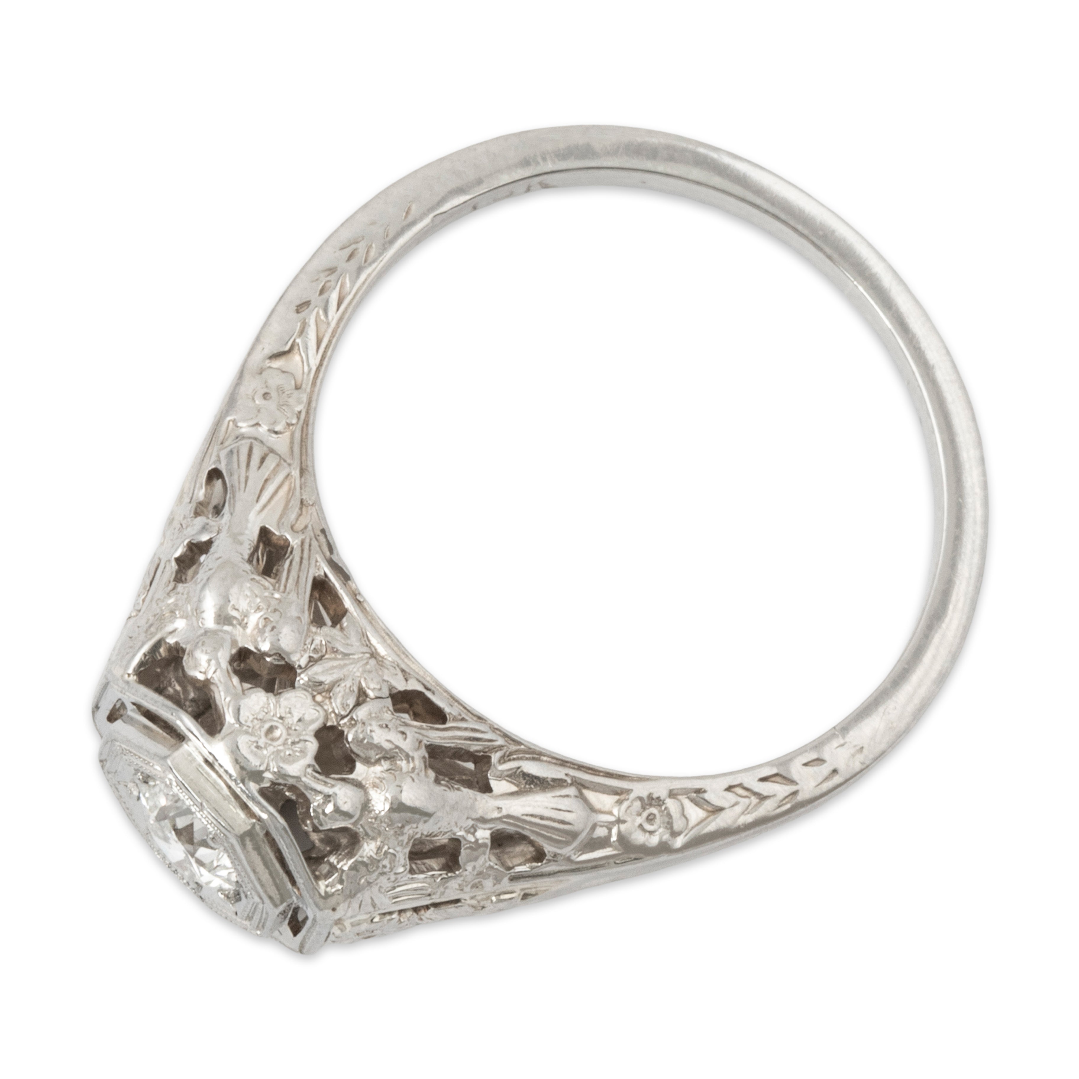 Antique 18k White Gold Old Mine Diamond Birds & Blossoms Ring 5.75、mySite、hinf8tx79