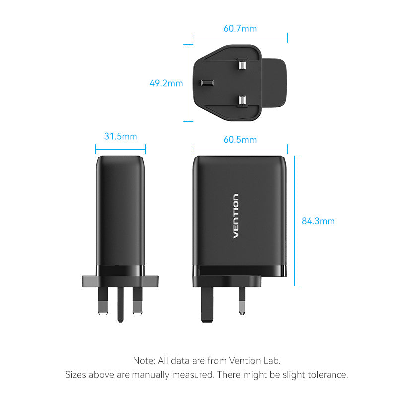 Vention 3-Port USB (C+C+A) GaN Charger (100W/65W/30W) UK-Plug、mySite、fannypackpong