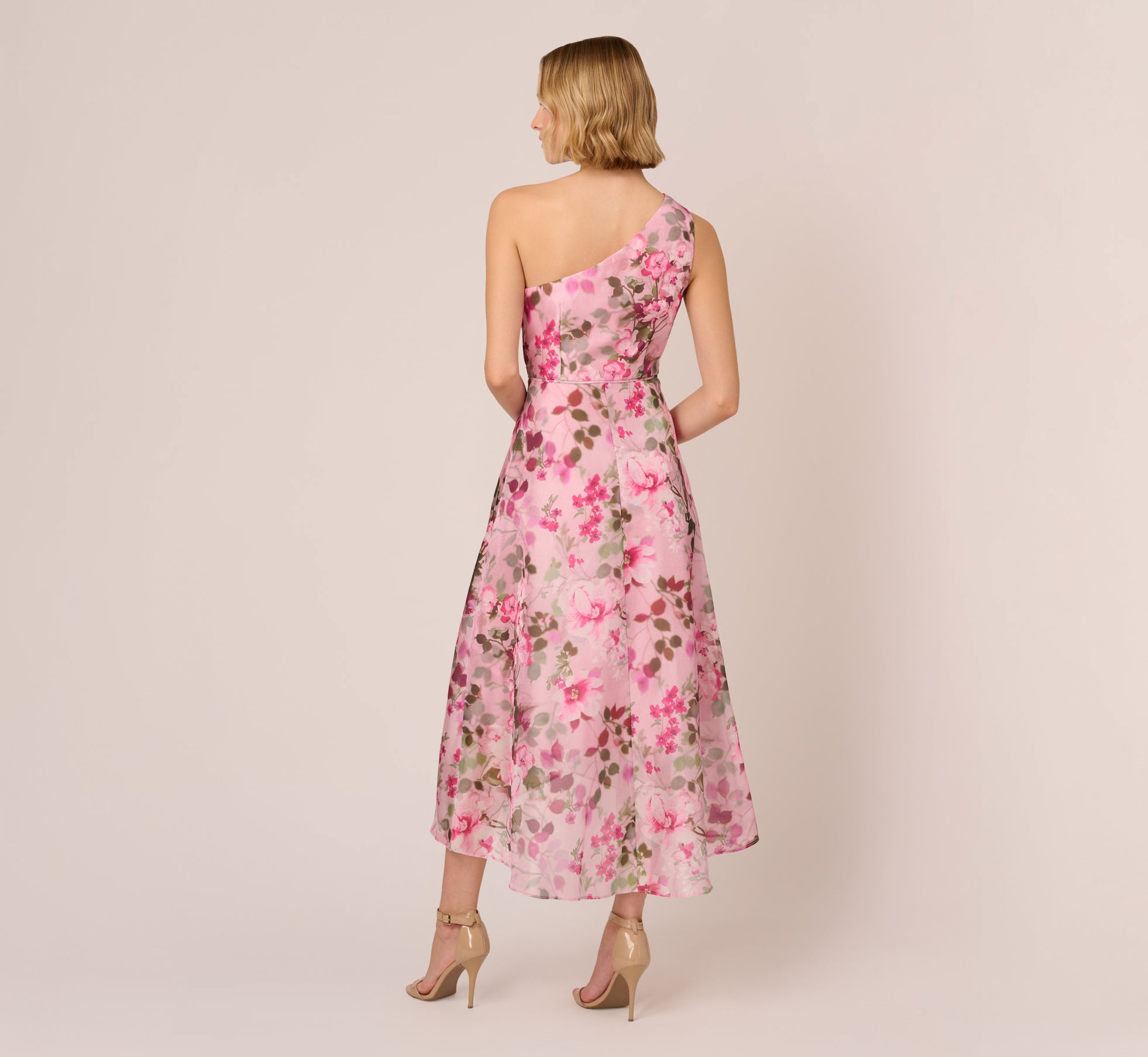 Floral Print Organza Midi Dress With One Shoulder Neckline In Pink Multi、mySite、solidvoid