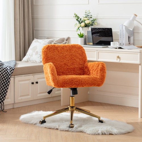 A&A Furniture Office Chair,Artificial rabbit hair Home Office Chair with Golden Metal Base,Adjustable Desk Chair Swivel Office Chair,Vanity Chair(Orange)、、casual
