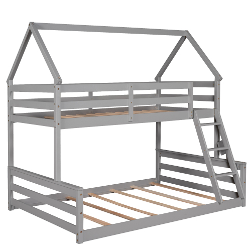 Twin Size Bunk House Bed with Slide and Ladder,Gray、、casual