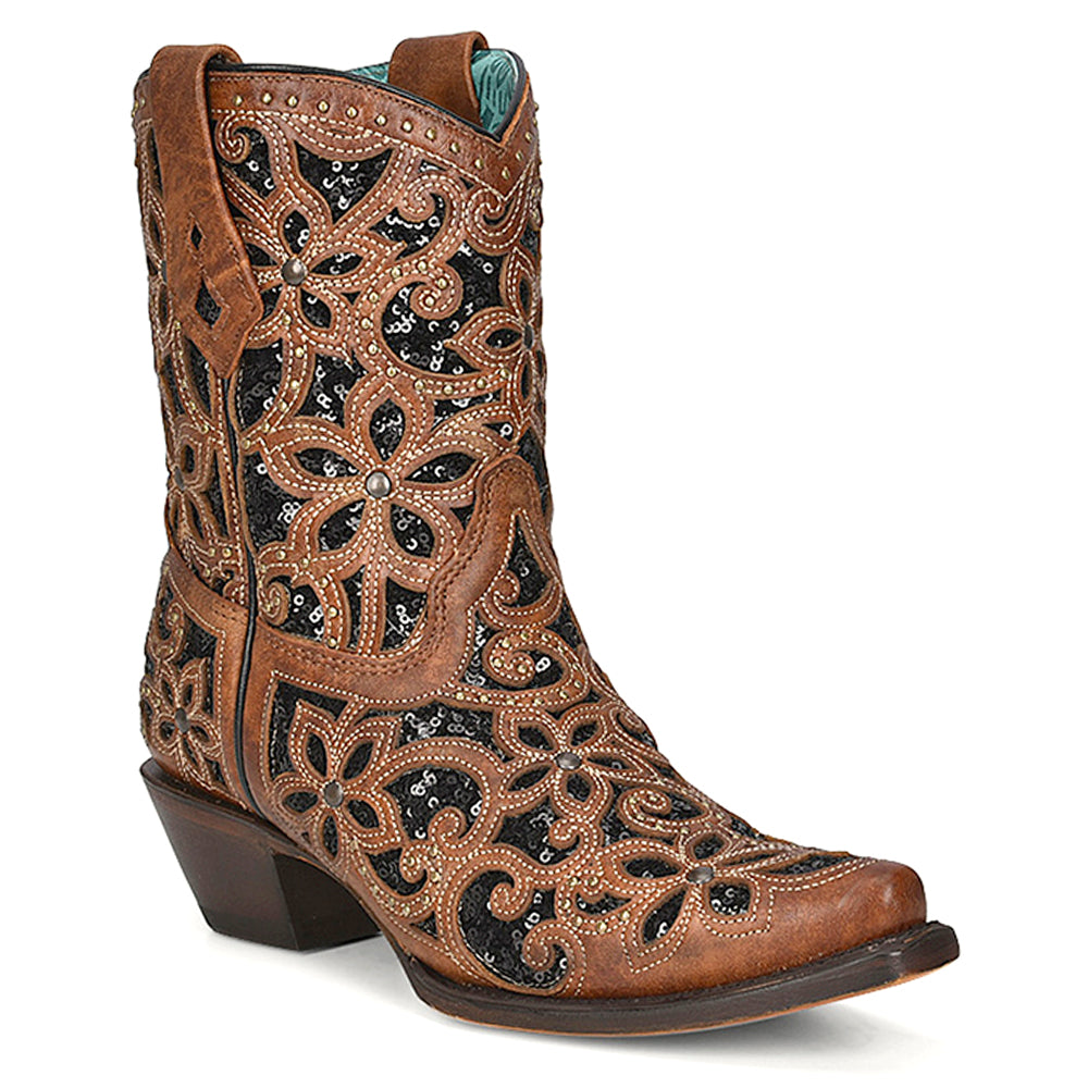 Tan Glitter Inlay Studded Snip Toe Cowboy Booties、mySite、gtrtttuynbv