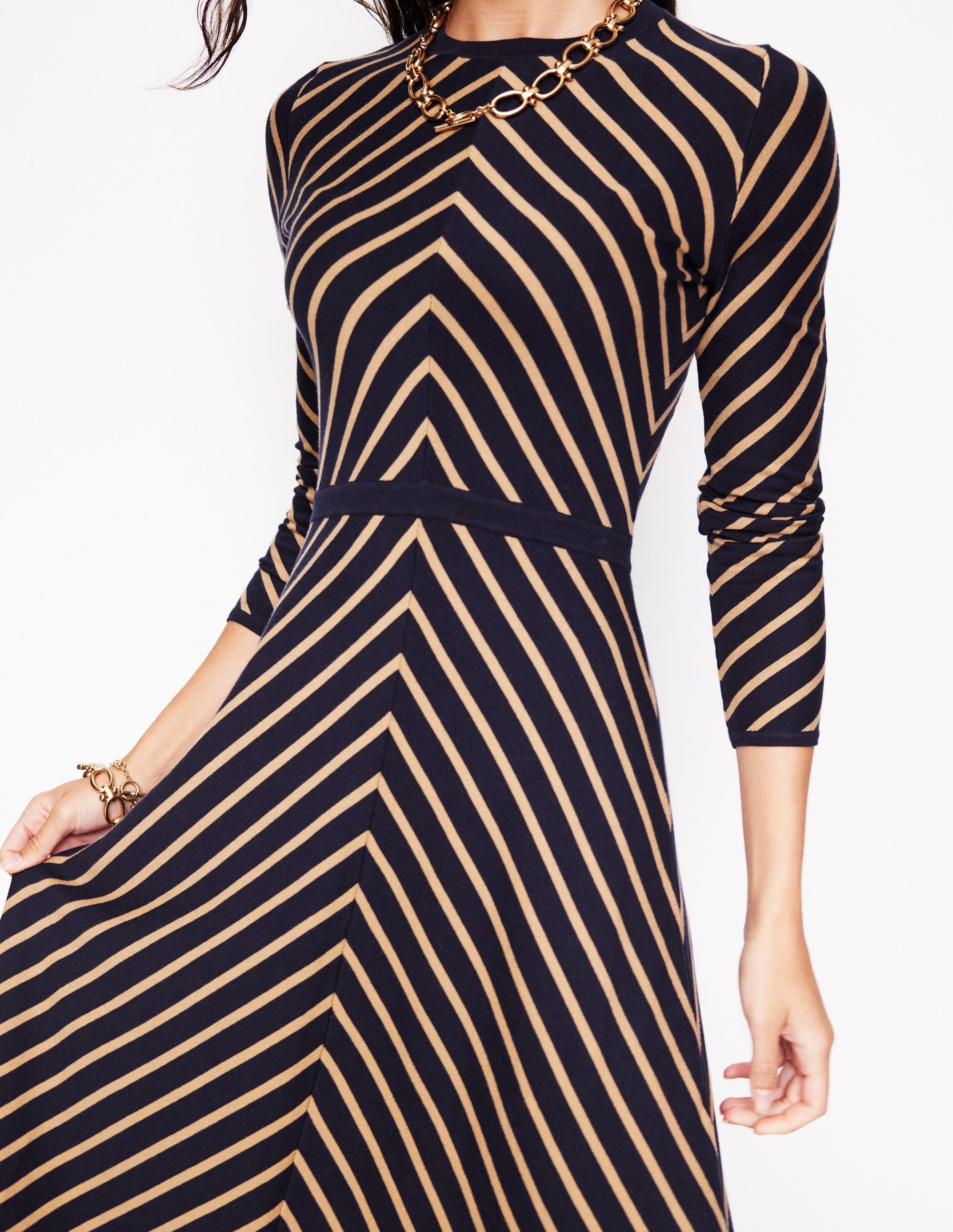  Maria Knitted Midi Dress-Navy, Camel Stripe、mySite、ashleygrahame