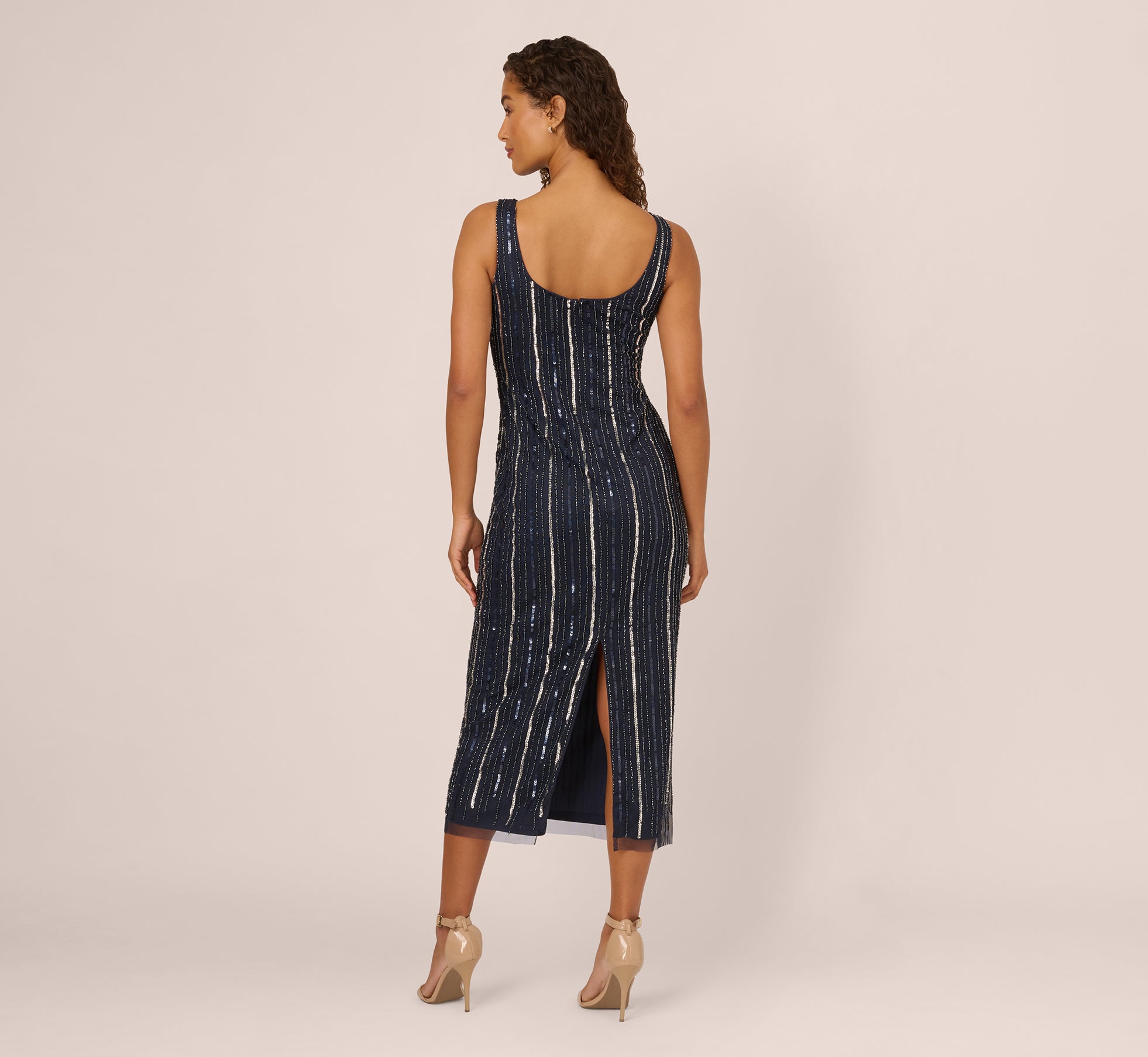 Sleeveless 3D Beaded Ankle Length Dress In Navy Gunmetal、mySite、solidvoid