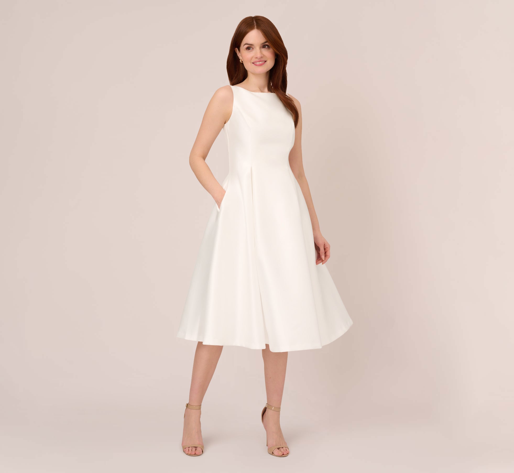 Sleeveless Mikado Fit And Flare Midi Dress With V-Back In Ivory、mySite、solidvoid