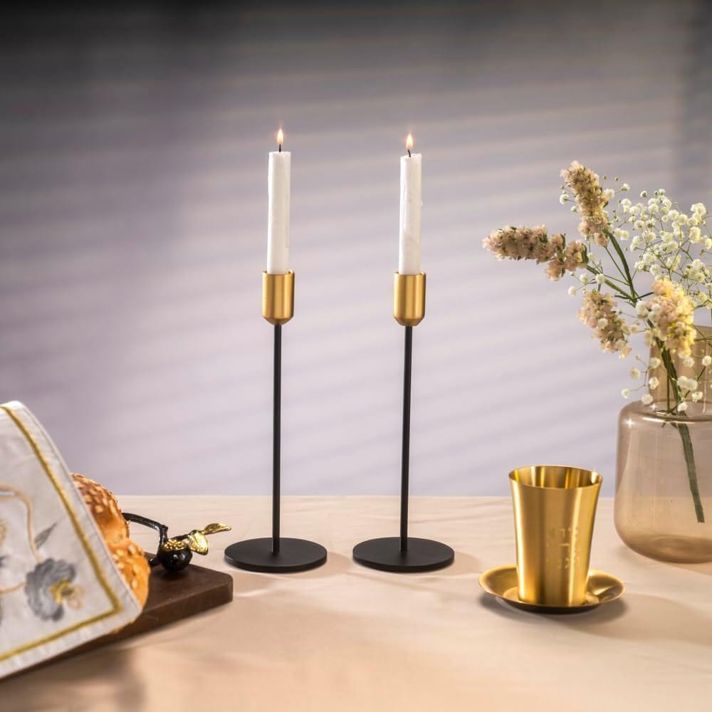 Sleek Black and Gold Shabbat Candlesticks by Yair Emanuel - 9 Tall、mySite、topwebapps