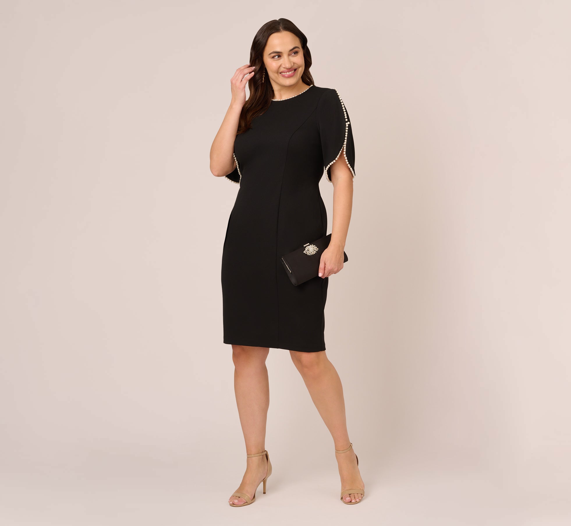 Plus Size Crepe Midi Length Sheath Dress With Pearly Trim In Black、mySite、solidvoid