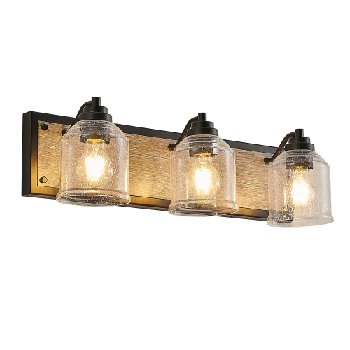 40&quot; Farmhouse Vanity Light Fixture, 5-Light Bathroom Wall Sconce with Clear Seeded Glass Shades, Black and Wood Grain Finish, Modern Industrial Design for Bathroom or Powder Room (No Bulbs)、、eastwooduniform