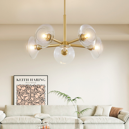 26" Modern Gold 5-Light Sputnik Chandelier with Clear Glass Shades, Mid-Century Hanging Pendant Light Fixture for Dining Room, Living Room, or Kitchen (Bulb Not Included)、、eastwooduniform