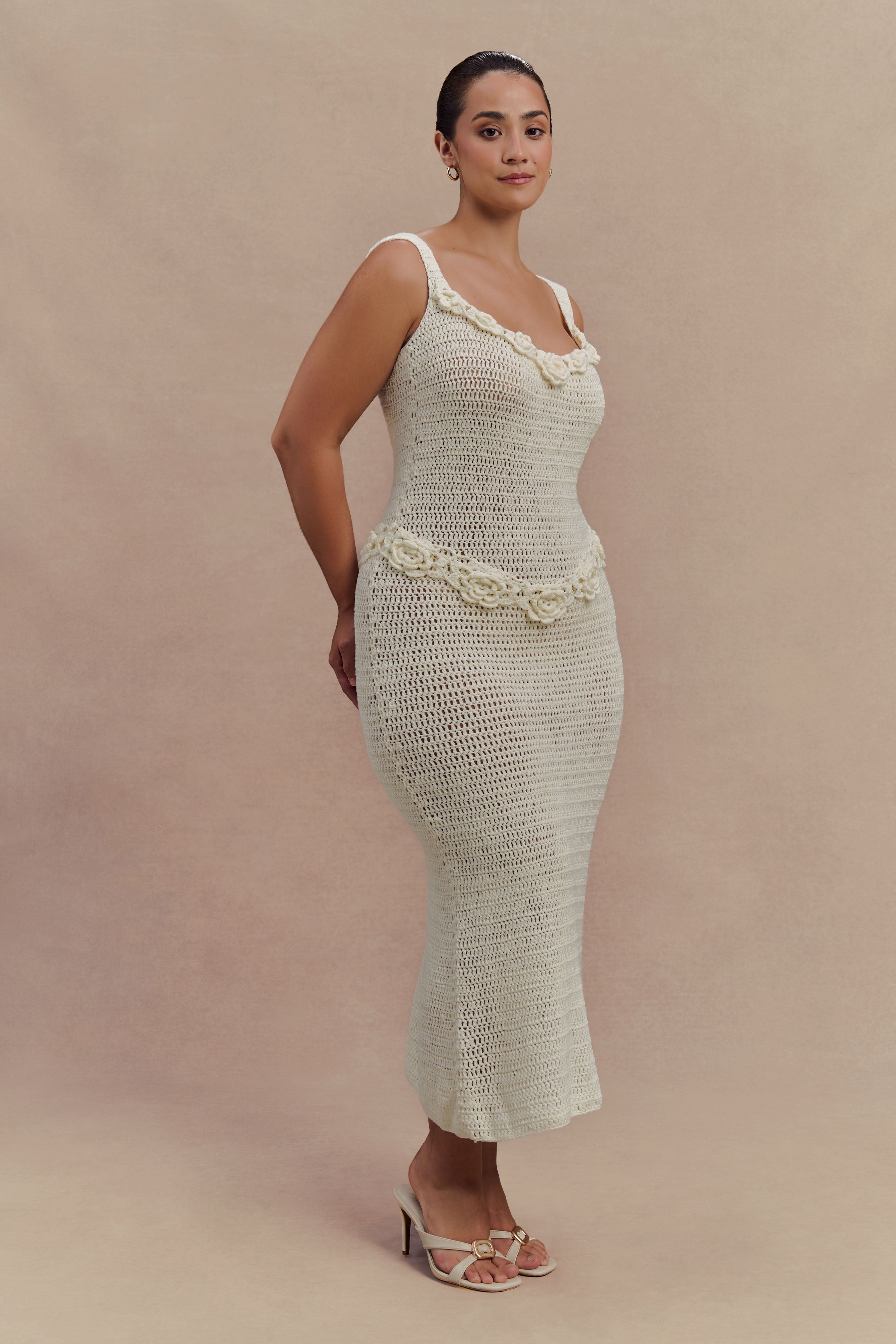 Teagan Floral Hand Crochet Midi Dress - Ivory、mySite、solidvoid