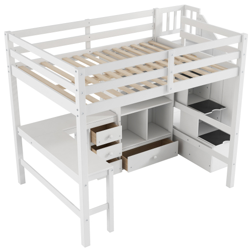 Twin Size Loft Bed with L-Shaped Desk and Drawers, Cabinet and Storage Staircase, White、、casual