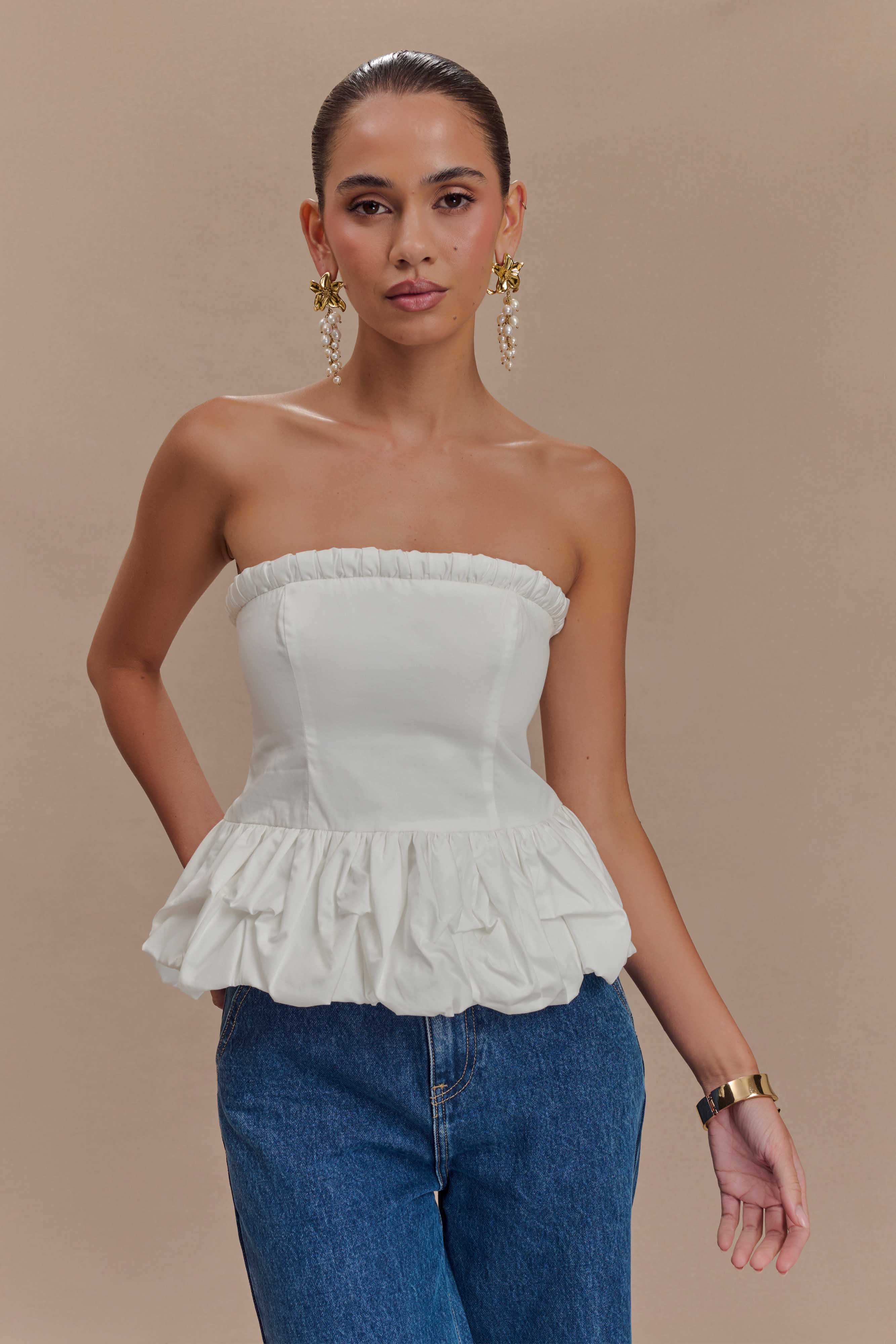 Cora Ruched Strapless Top - White、mySite、solidvoid