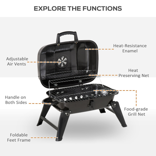 Outsunny 14" Portable Charcoal Grill, Tabletop Small BBQ Grill for Outdoor Cooking, Camping, Tailgating, Enamel Coated, Vent, Folding Legs, Black、、eastwooduniform