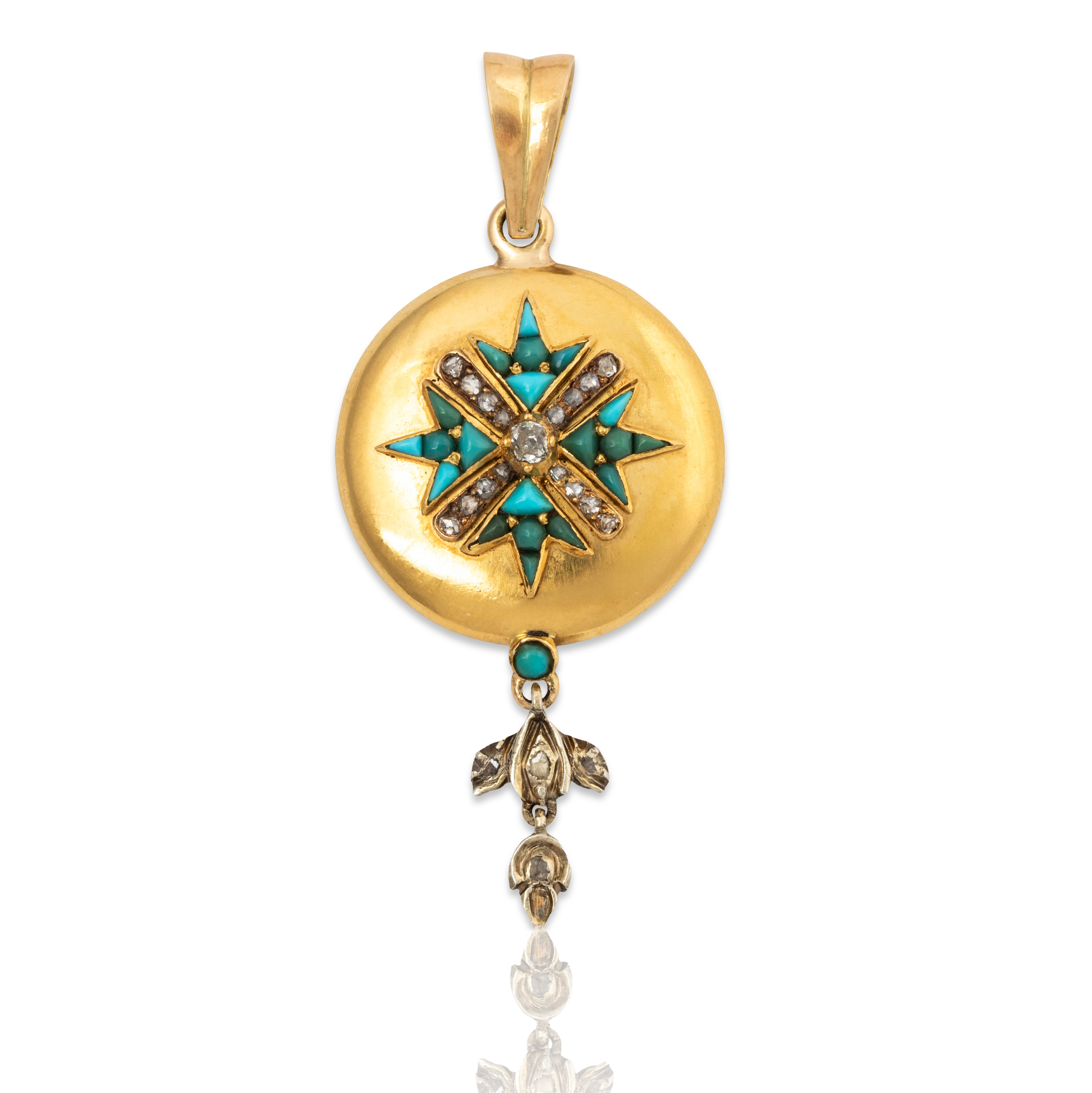Victorian Antique 18k Yellow Gold Turquoise Old Mine & Rose Cut Diamond Pendant、mySite、hinf8tx79