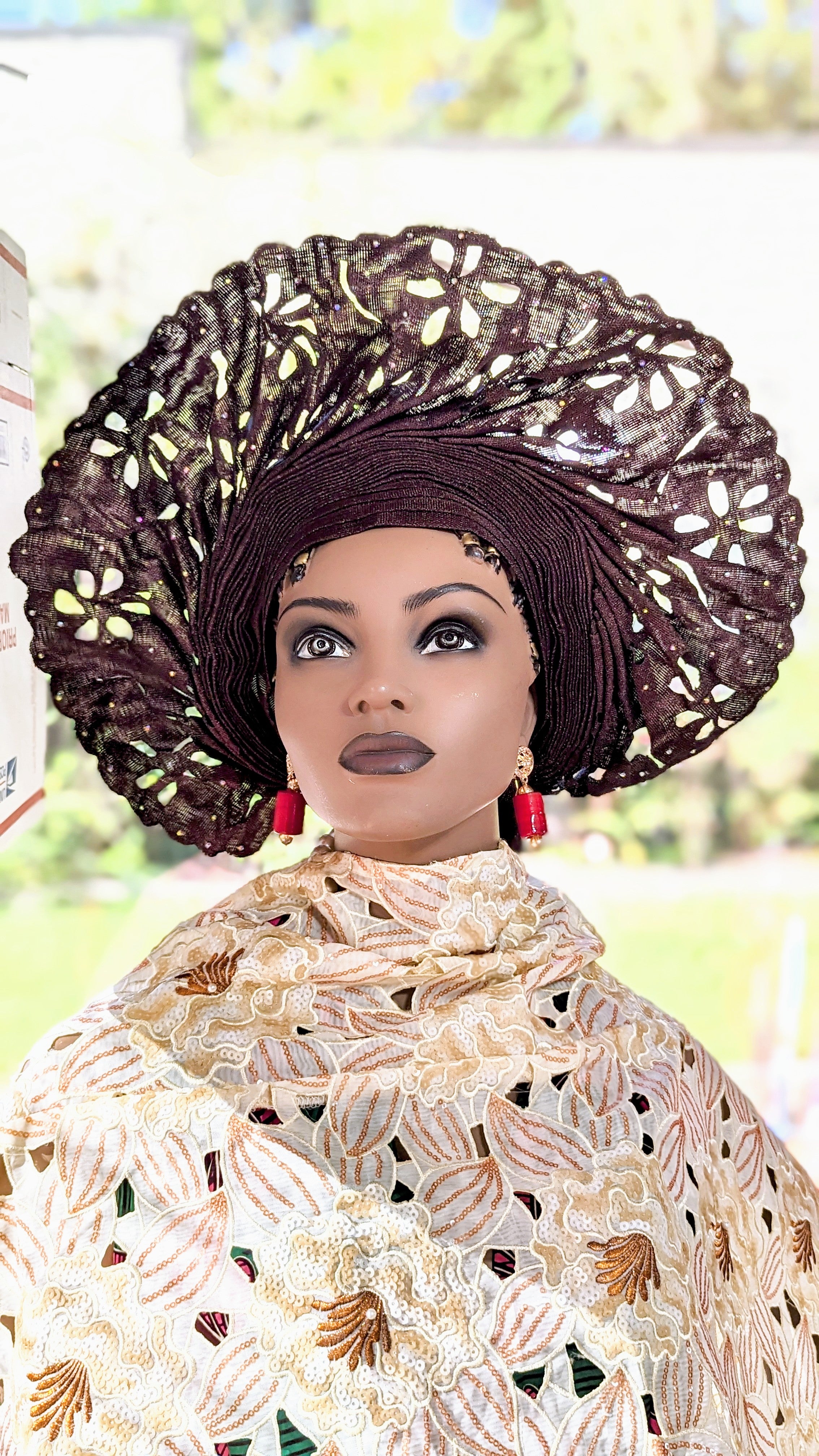 Adebosede Coffee-Brown lazercut Aso Oke African head tie Autogele pre-tied head wrap-DPAGCBLC2、mySite、solidvoid