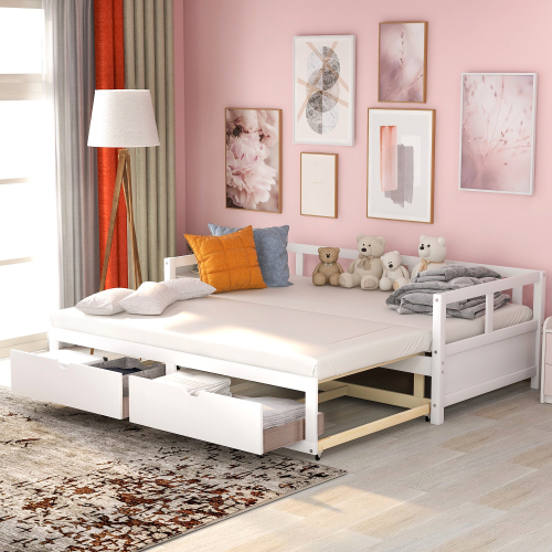 Wooden Daybed with Trundle Bed and Two Storage Drawers , Extendable Bed Daybed,Sofa Bed for Bedroom Living Room,White、、casual
