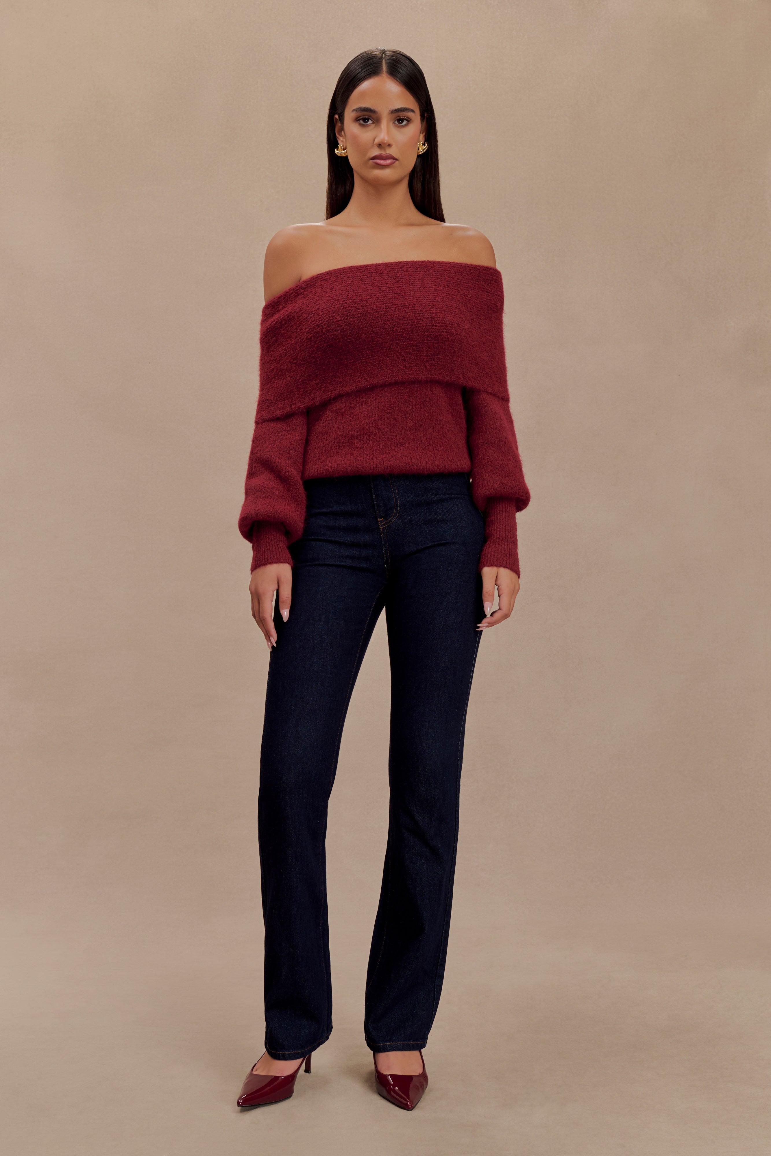 Charlotte Off Shoulder Knit Long Sleeve Top - Merlot、mySite、solidvoid