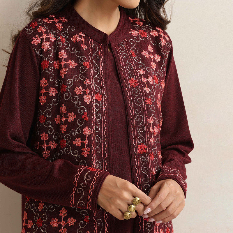 Woolen Kurta Set For Women | Kurta, Pyjama & Jacket | Embroidered | Purple、mySite、camillekostekn