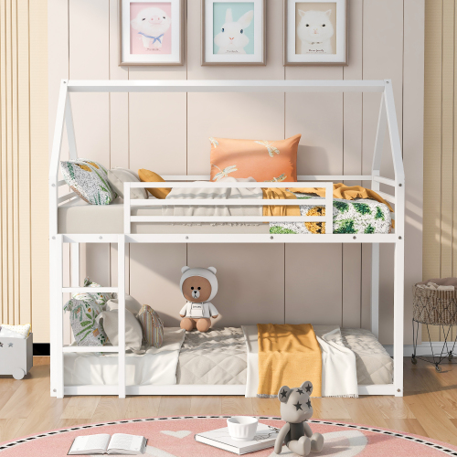 Twin over Twin House Bunk Bed with Ladder and Slide,White、、casual