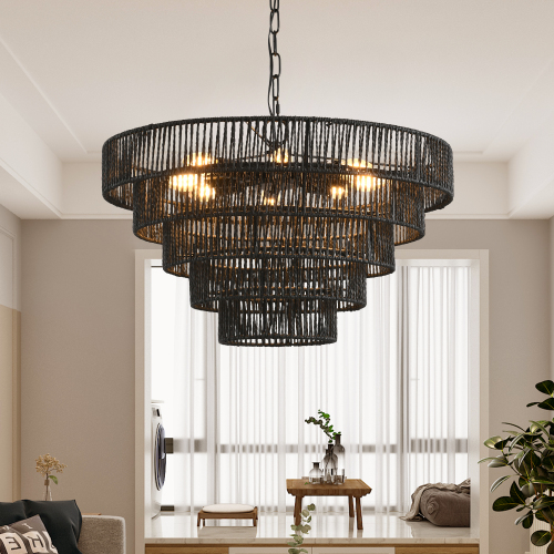 (Same as W1340P155977/L1019-5) 24" Modern 5-Layer Woven Hemp Rope Chandelier, Boho Style Pendant Light, Elegant Hanging Light Fixture for Living Room, Dining Room, Bedroom (No Bulbs)、、eastwooduniform